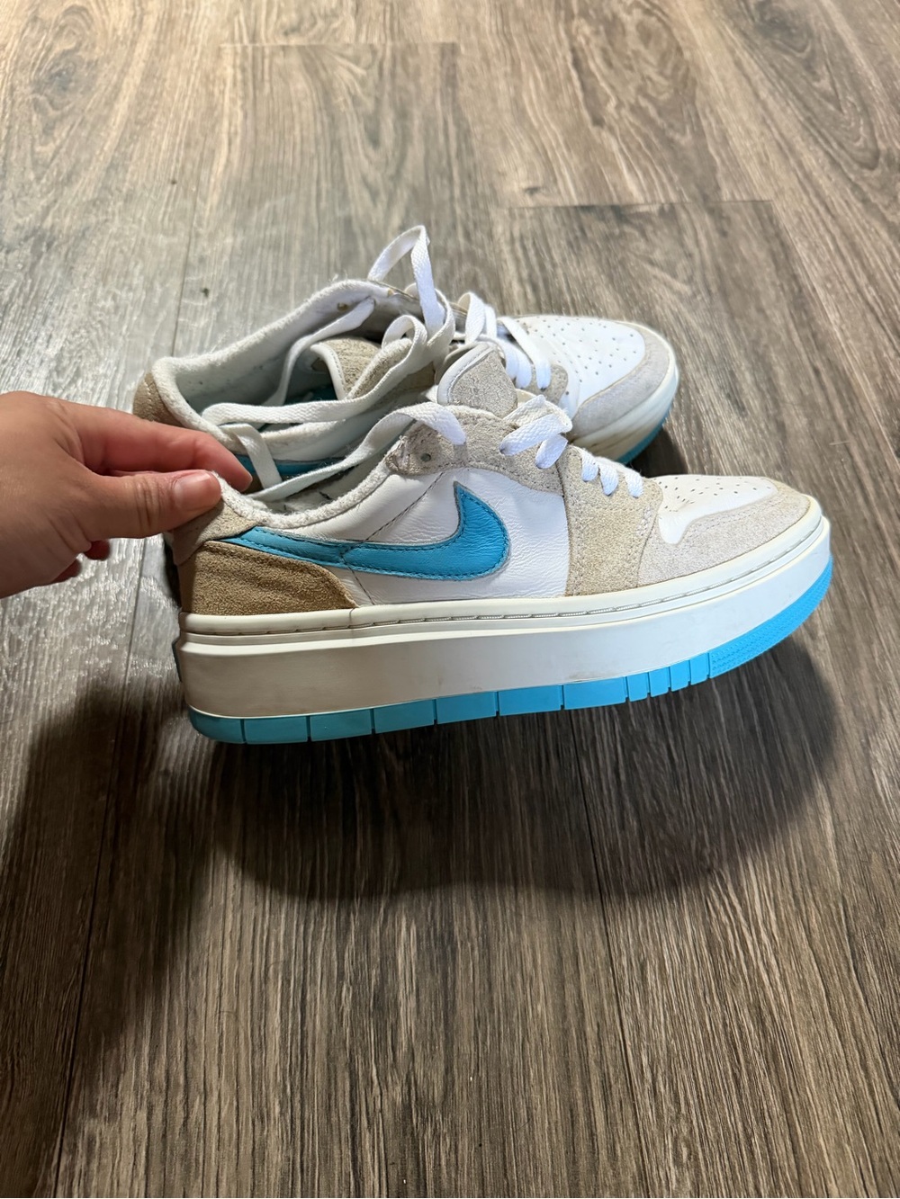 Nike Air Jordan 1 Elevate Low SE  White, Tan & Light Blue Platform Sneakers